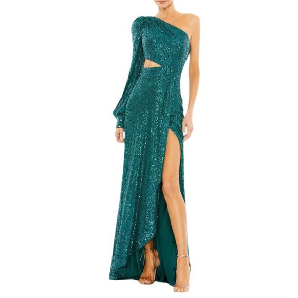 Ieena for Mac Duggal Green Sequined One Shoulder Cut Out Gown 26730 Women’s Sz 4 - Picture 1 of 9